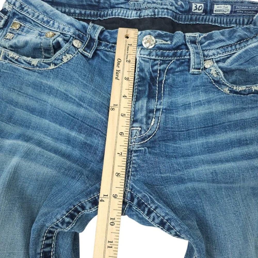 Miss Me Jeans Mid Rise Easy Boot Cut Faux Flap Size 30x29 READ Stretch Med Wash